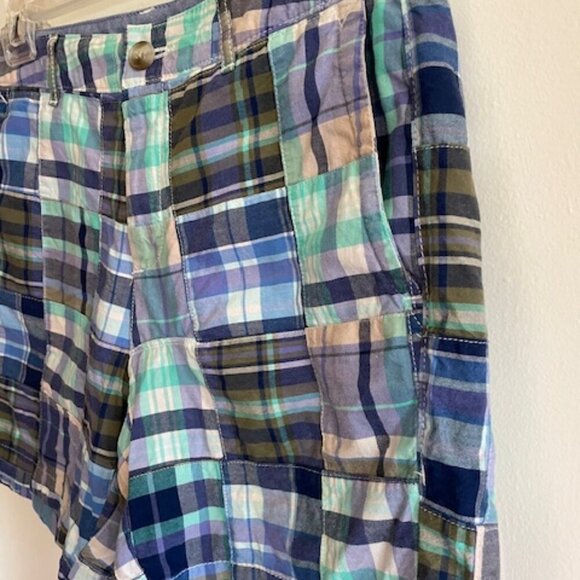 L L BEAN Favorite Fit Blue Purple Madras Patchwork Plaid Shorts 4 - Picture 6 of 15